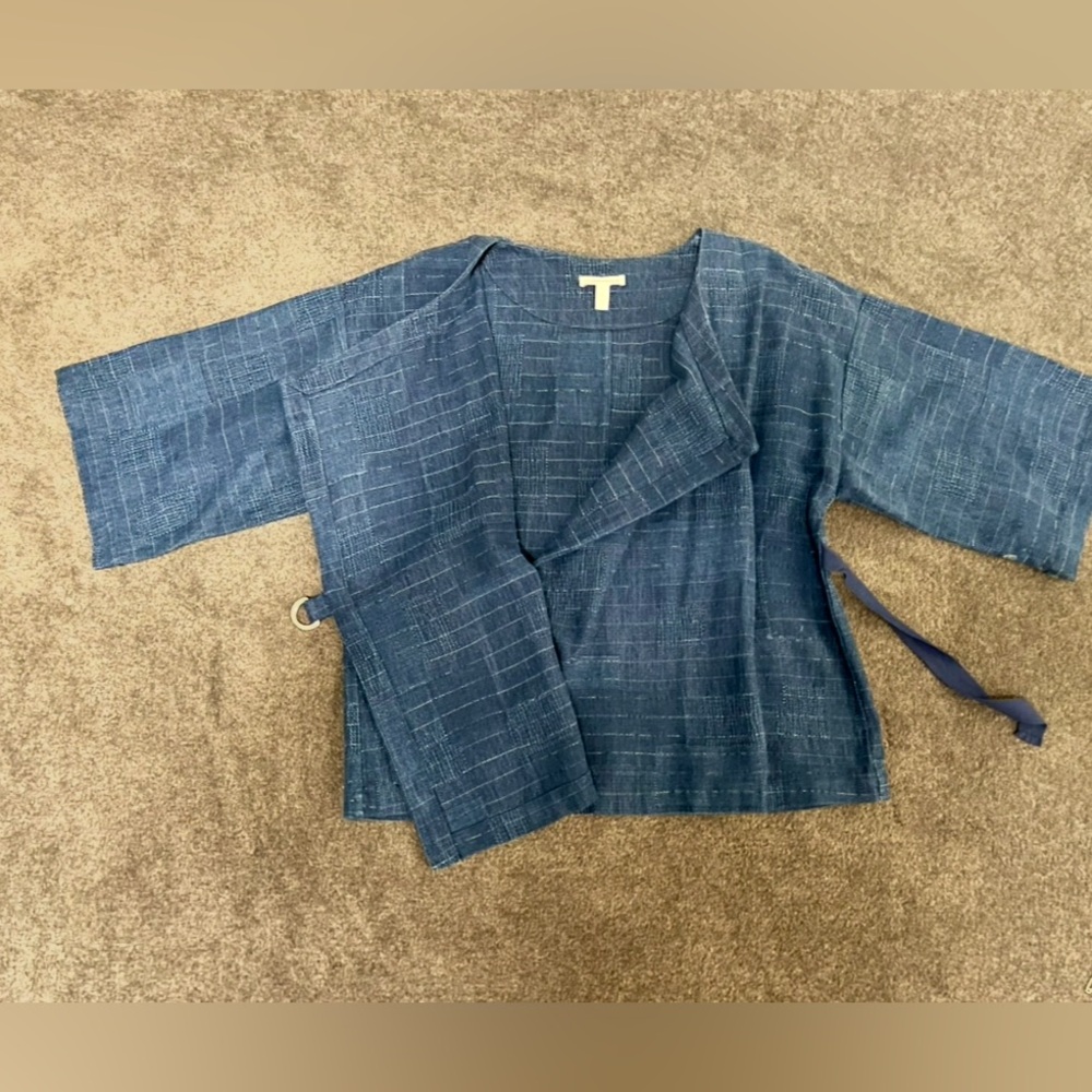Eileen Fisher Blue Linen Asian Wrap Top with Ring Closure Detail - Picture 2 of 8